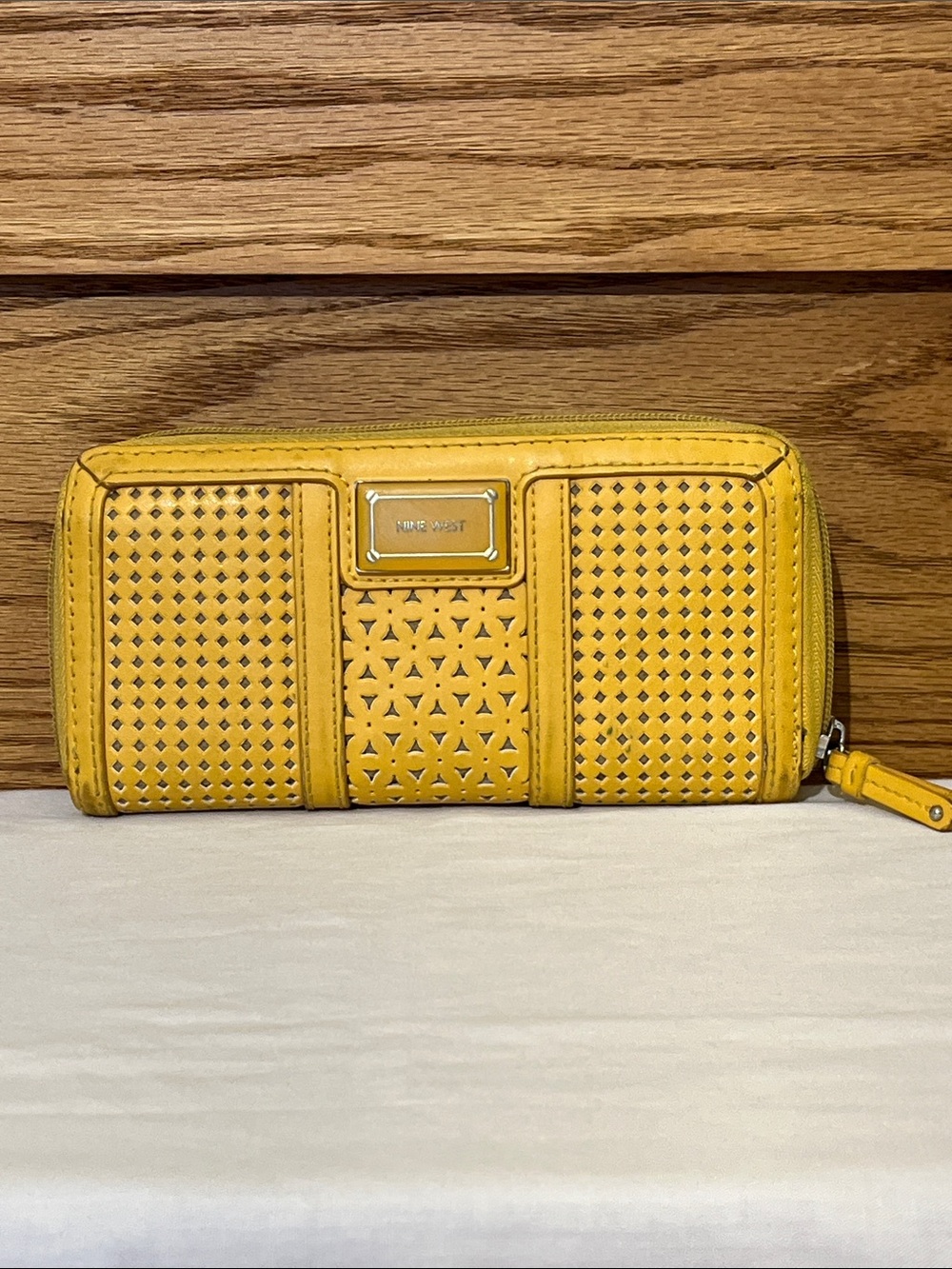 Nine West Yellow Perforated Zip Wallet with Logo Plate